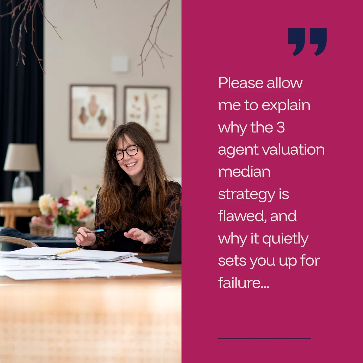 A property professional reviewing paperwork beside text explaining why averaging three estate agent valuations can create an unreliable asking price and set sellers up for failure.